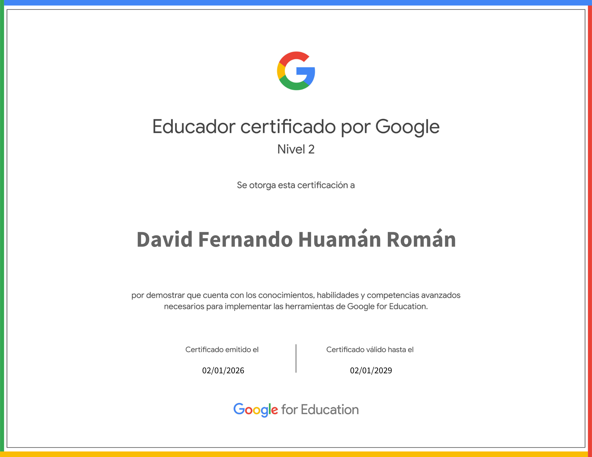 Certificado de Google Certified Educator Nivel 2